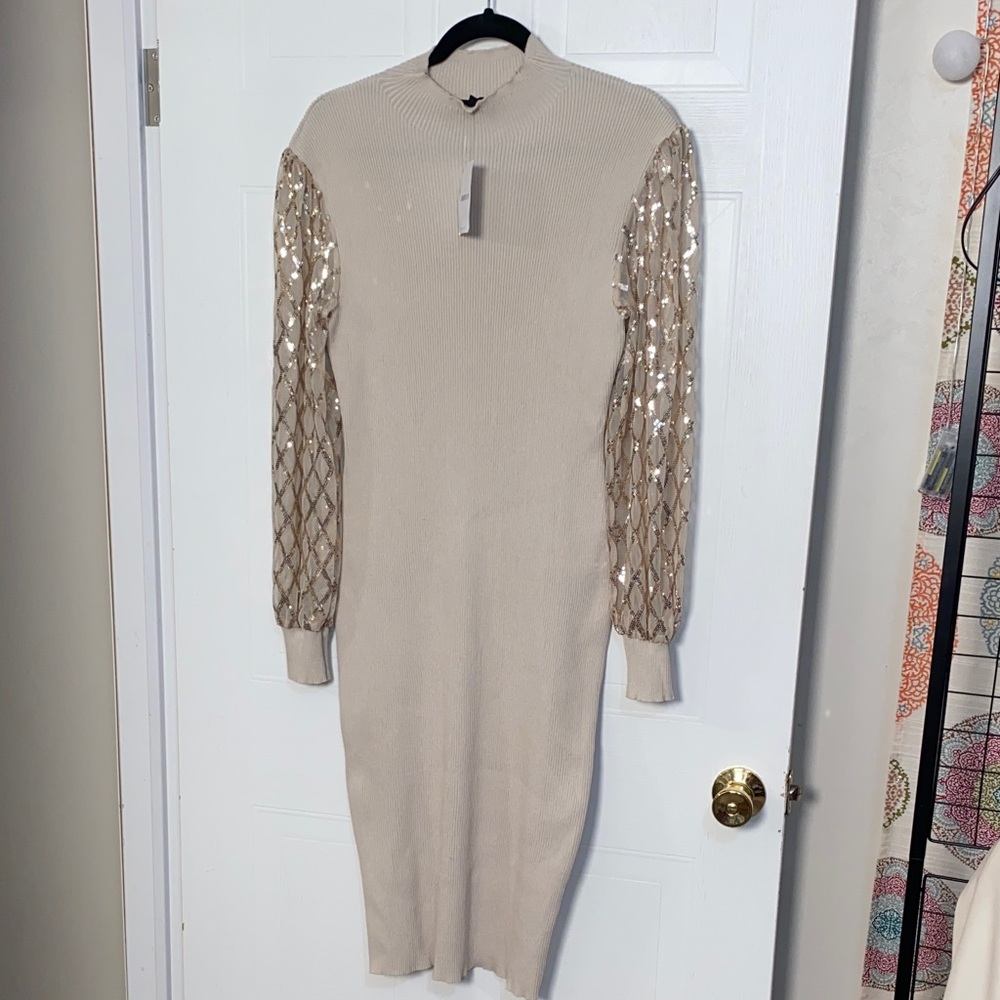 Almost Famous Beige Dress with Sequin Sleeves